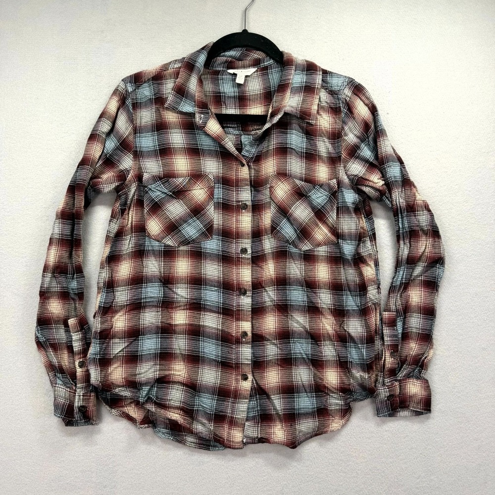 Lucky Brand Flannel Shirt Top Womens Small Brown Blue Plaid Classic Lightweight